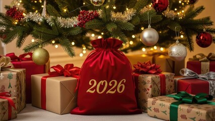Festive Christmas Tree with 2026 Santa Sack and Wrapped Gifts