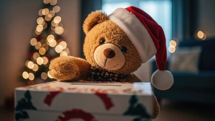 Festive teddy bear in Santa hat peeking over a Christmas donation box with bokeh lights.