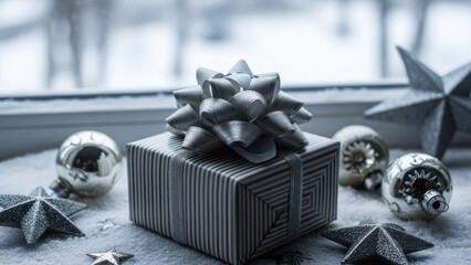 Festive silver striped gift box with a large bow and sparkling ornaments on a winter windowsill.