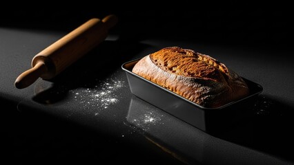 Freshly baked golden bread in a loaf pan, with a wooden rolling pin and flour on a dark counter.