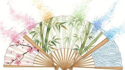 A Vibrant Collection of Traditional Japanese Fans Adorned with Nature's Beauty, Cherry Blossoms, Bamboo, and Ocean Waves