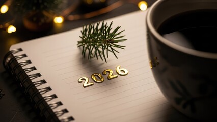 Golden 2026 on notebook with pine branch, coffee, and festive lights for New Year planning.