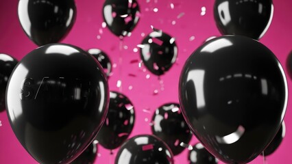 Glossy Black 'SALE' Balloons and Sparkling Confetti on a Vibrant Pink Background