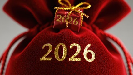 Golden 2026 on red velvet pouch with gift box, symbolizing New Year celebration.