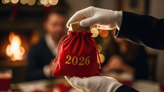 Gloved hands hold red 2026 gift pouch with bokeh lights and fireplace in festive holiday setting.