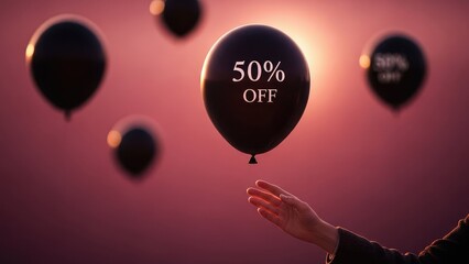 Hand reaching for 50% OFF black balloon in warm sunset sky, symbolizing discount shopping event