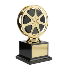 Golden film reel award trophy on a pedestal, symbolizing cinematic excellence and achievement