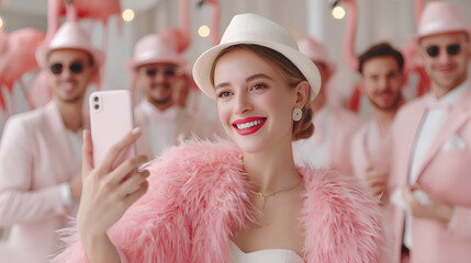 Stylish woman taking selfie with pink-suited partygoers looking festive and fun, celebrating a bachelorette party, creating joyful memories together now