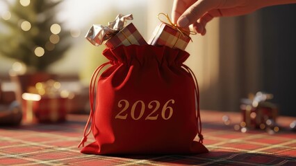 Hand placing gifts into a red 2026 Christmas bag on a festive plaid table with bokeh lights.