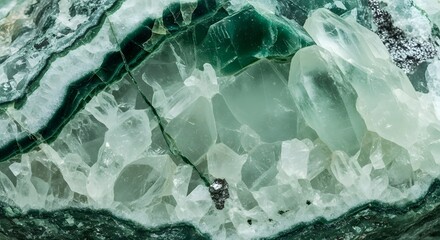 Stunning natural gemstone texture featuring layers of green mineral and translucent crystal formations