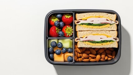 Healthy Lunchbox with Turkey Sandwich, Fresh Berries, Melon, and Almonds