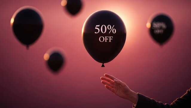 Hand reaching for 50% OFF black balloon in warm sunset sky, symbolizing discount shopping event