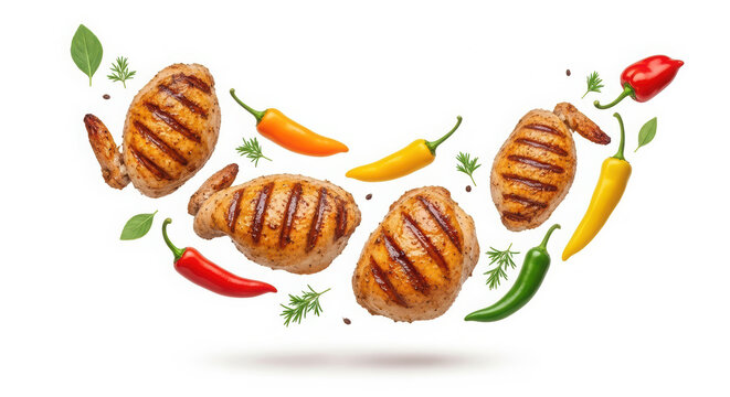 Grilled chicken pieces with distinct grill marks, surrounded by colorful chili peppers and fresh herbs, creating a vibrant and appetizing culinary composition for food enthusiasts