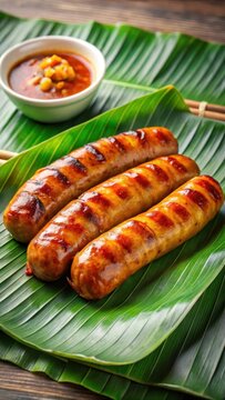 Grilled longganisa sausages on banana leaf with dipping sauce