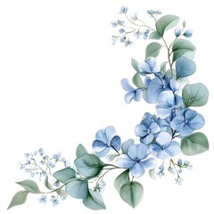 Delicate blue floral arrangement curves along the corner with muted green foliage