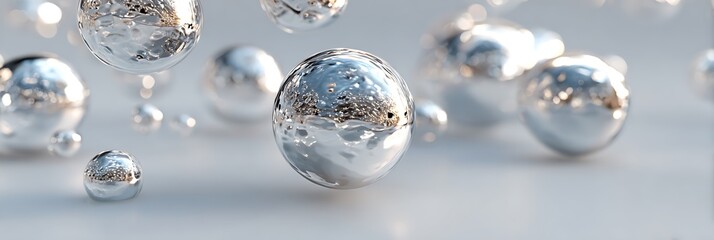Floating chrome spheres casting sharp reflections under studio color lights