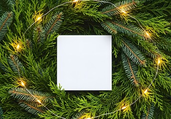 Blank white card surrounded by festive green fir branches and sparkling christmas lights