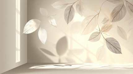 Elegant Beige Interior With Abstract Leaves And Sunlight