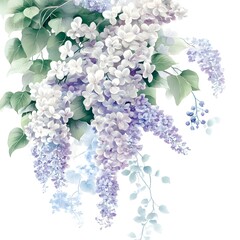 Clusters of white and purple blossoms mingle with soft green foliage in a delicate botanical arrangement