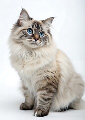Obraz premium Cat with blue eyes is sitting on a white background