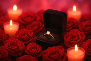 Engagement ring in a black box surrounded by red roses and candles, creating a romantic and intimate proposal atmosphere.