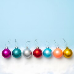 Vibrant christmas baubles in a line on a soft blue background with festive snow
