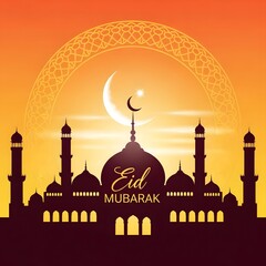 Eid mubarak greeting card design with a mosque silhouette, crescent moon and star against sunset sky