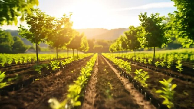 A field of young plants basks in sunlight, trees line the pathways, suggesting a plantation setting
