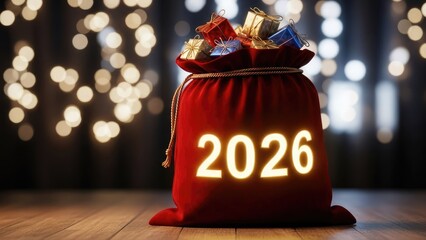 Red Santa's sack with glowing 2026, filled with gifts, on wooden floor with bokeh lights.