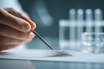 Expert trichologist analyzes hair sample with tweezers for advanced medical research, test tubes blurred in background in a clinical setting