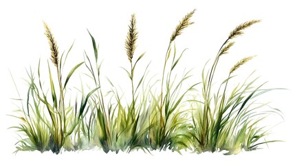 Tall wild grasses and seed heads are depicted in a flowing watercolor illustration style