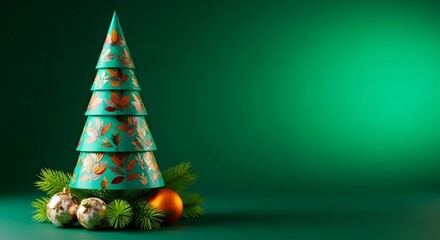 Elegant teal and gold christmas tree decoration with festive ornaments on a vibrant green background. holiday season concept