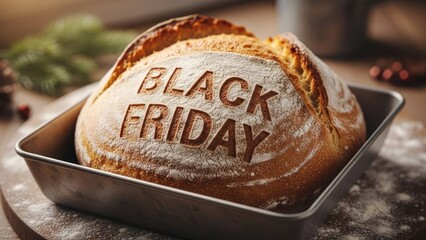 Rustic Bread Loaf with "Black Friday" Text in Flour, Symbolizing Holiday Shopping