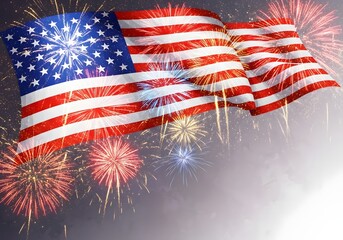 Waving american flag with vibrant fireworks celebrating national holidays and patriotic events