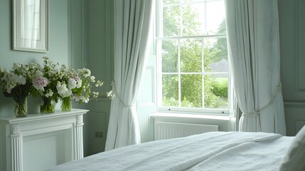 Elegant bedroom interior showcases light flowing through a large sash window overlooking greenery