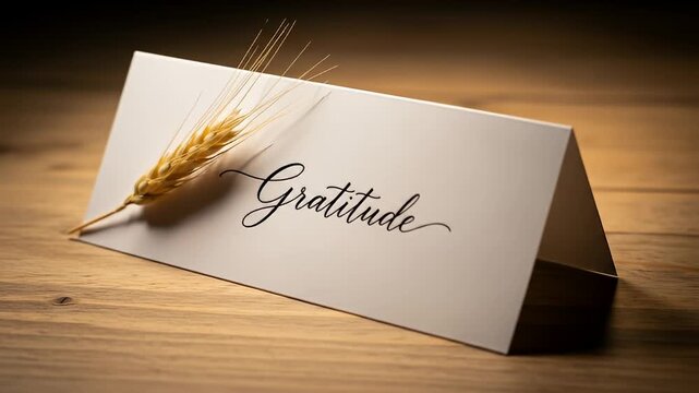 Gratitude card with wheat stalk on wooden table.