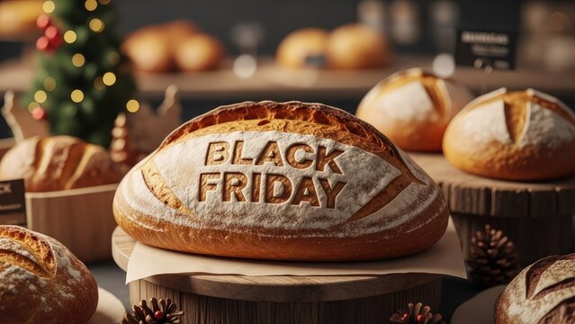 Rustic Black Friday bread loaf with carved flour text, displayed in a festive bakery setting with bokeh lights.
