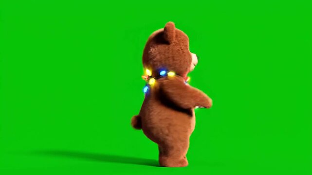 Funny animated christmas teddy bear mascot character dancing happy holidays celebration marketing background