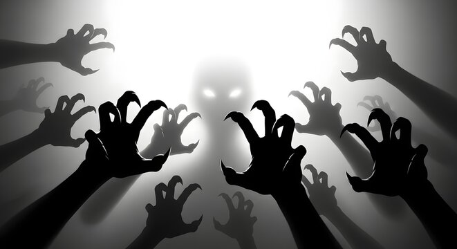 Silhouetted hands reaching out towards a ghostly figure with glowing eyes. Evoking a sense of horror and fear