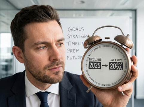 Background colourful colours gold horse festive office scene with man holding vintage alarm clock showing year change and whiteboard goals strategy timeline prep future happy new year 2026 Concept