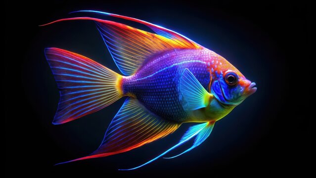 Neon angelfish glowing in darkness
