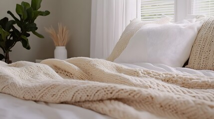 Cream colored textured throw blanket covers a soft bed near a bright window