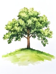 Watercolor painting depicts a solitary deciduous tree situated atop a grassy mound