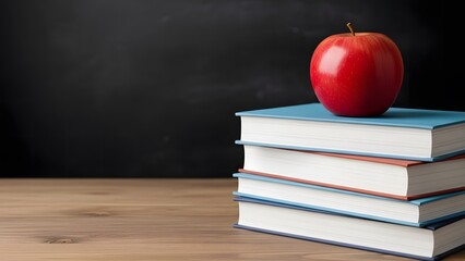 Red apple on stack of books against blackboard background for education