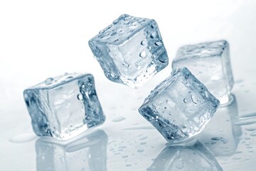 Three ice cubes are on a white surface