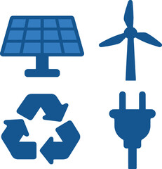 Vector graphic set of blue ecology and renewable energy icons featuring a solar panel, wind turbine, recycle symbol, and plug