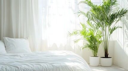 Bright interior bedroom scene features clean white bedding next to potted tropical foliage bathed in sunlight