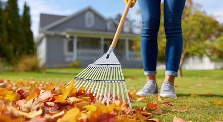 Raking Autumn Leaves in Suburban Front Yard