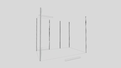 3D animation of exhibition booth 3x2 m phasing build-up. Modern trade show booth setup visualization showing frame, wall panels, and lighting structure in clean environment.