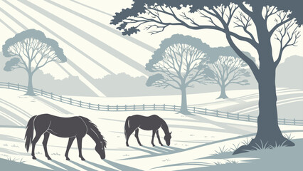Two horses grazing in a winter landscape with trees and fence under sun rays in monochrome palette